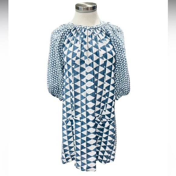 NYMaNE Linen Blend Blue White Block Print Shift Dress Short Sleeve Size XS NWT - Picture 1 of 10